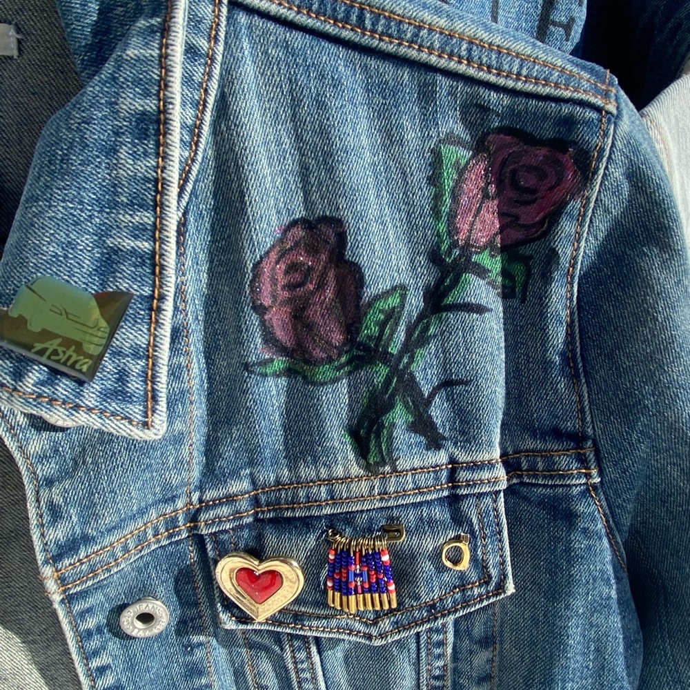 Vintage Grateful 80s Custom painted Rose denim Jean Jacket 60s 70s patches pins